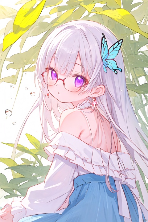  anime style, anime screen, 1girl, solo, purple eyes, long hair, white background, looking at viewer, jewelry, simple background, earrings, blush, white hair, bangs, upper body, bare shoulders, looking back, parted lips, off shoulder, hair ornament, ribbon, long sleeves, shirt, dress, hair ribbon, white shirt, frills, (butterfly), loli，trees, rain, raindrops, Girl, glasses, dumbfounded expression, sitting, knee, ultra_detailed, (hyper_deformed:1.5), anime style