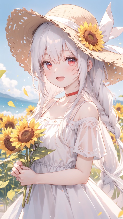  nai3, 1girl,white hair,red eyes,portrait,1girl, sunflower, flower, solo, hat, long hair, braid, dress, smile, open mouth, looking at viewer, holding, white dress, short sleeves, straw hat, collarbone, :d, outdoors, blurry, bangs, bare shoulders, yellow flower, ribbon, petals, upper body, red eyes, white hair,blurry background, holding flower, sun hat, off shoulder, puffy short sleeves, brown headwear, ribbon choker, blush, puffy sleeves, choker, hat flower, frills, day, depth of field, off-shoulder dress, white ribbon, single braid，(masterpiece, best quality, very detailed, Ultra HD: 1.2)
