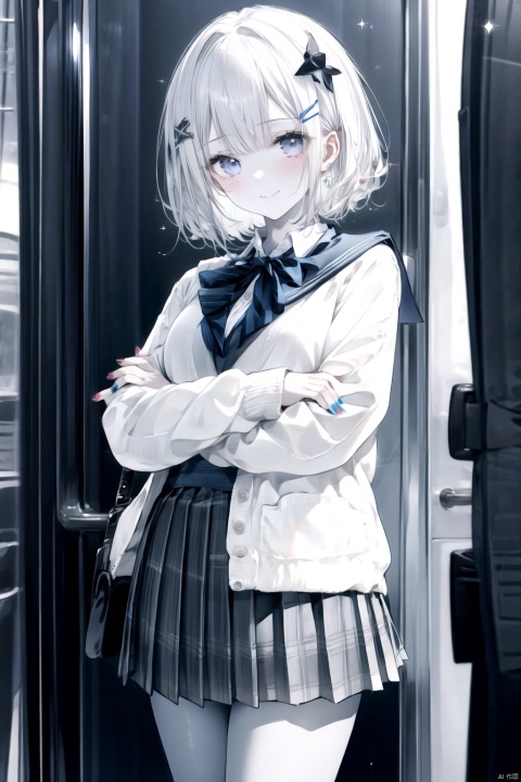 1girl, blazer, blue_ribbon, character_name, closed_mouth, collared_shirt, cosmetics, cowboy_shot, crossed_arms, greyscale, hair_ornament, hairclip, head_tilt, highres, holding, holding_lipstick_tube, honkai_star_rail, honkai_(series), jacket, lipstick_tube, long_hair, looking_at_viewer, monochrome, nail_polish, neck_ribbon, o0oherb, open_clothes, open_jacket, pink_eyes, pleated_skirt, red_nails, ribbon, school_uniform, shirt, skirt, smile, solo, sparkle_(honkai_star_rail), spot_color, straight_hair, autoappealing, autoappealingdb, best quality, masterpiece, nai3