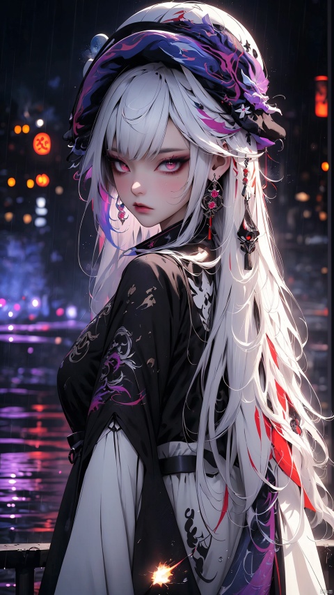 dark theme, highres, masterpiece, top quality, best quality, official art, (beautiful and aesthetic:1.2), (colorful:1.3), (1girl), standing, from behind, white hair, long messy hair, colorful inner hair, white collared dress, (moist skin), moon, (explosion of colors:1.4), fractal art, rain, night abandoned city, depth of field, dim lighting, dramatic