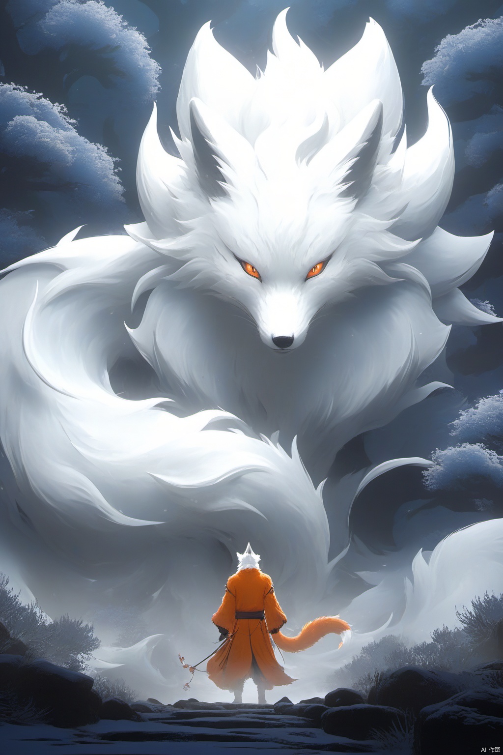  shanhaijing,a Nine-tailed fox,(9 tails:1.3),White fur,In the strange woods, the branches twist strangely,full body,3/4 profile image,wide-angle lens,panoramic view