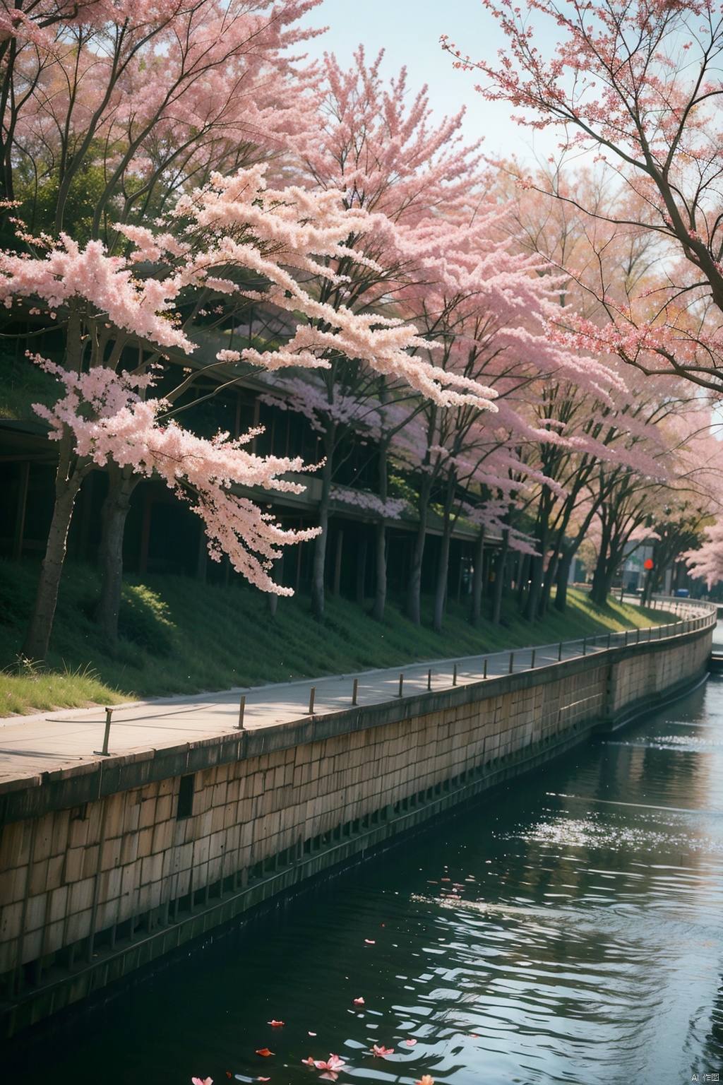 original,(illustration:1.1),(best quality),(masterpiece:1.1),(extremely detailed CG unity 8k wallpaper),(colorful:1.2),sakura tree,sakura petals,landscape,river,road