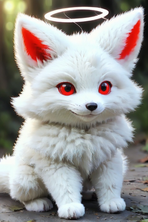 fox pokemon like creature, no humans, cute, white fur, red eyes, no human, fluffy, angel