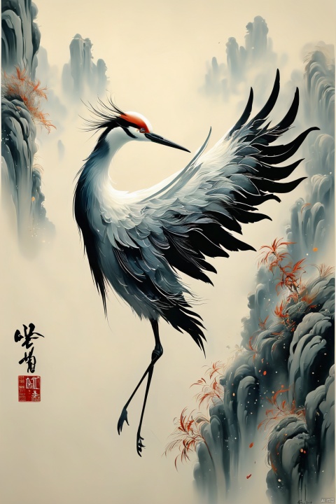  Wu Guanzhong paints a picture, the painting depicts a crane, dancing in the bamboo thickets, full compliance with the style of Wu Guanzhong, combining traditional Chinese ink painting techniques with Western painting concepts, unique visual effects using color and lines, (best quality, perfect masterpiece, byyue, Representative work, official art, Professional, high details, Ultra intricate detailed:1.3)