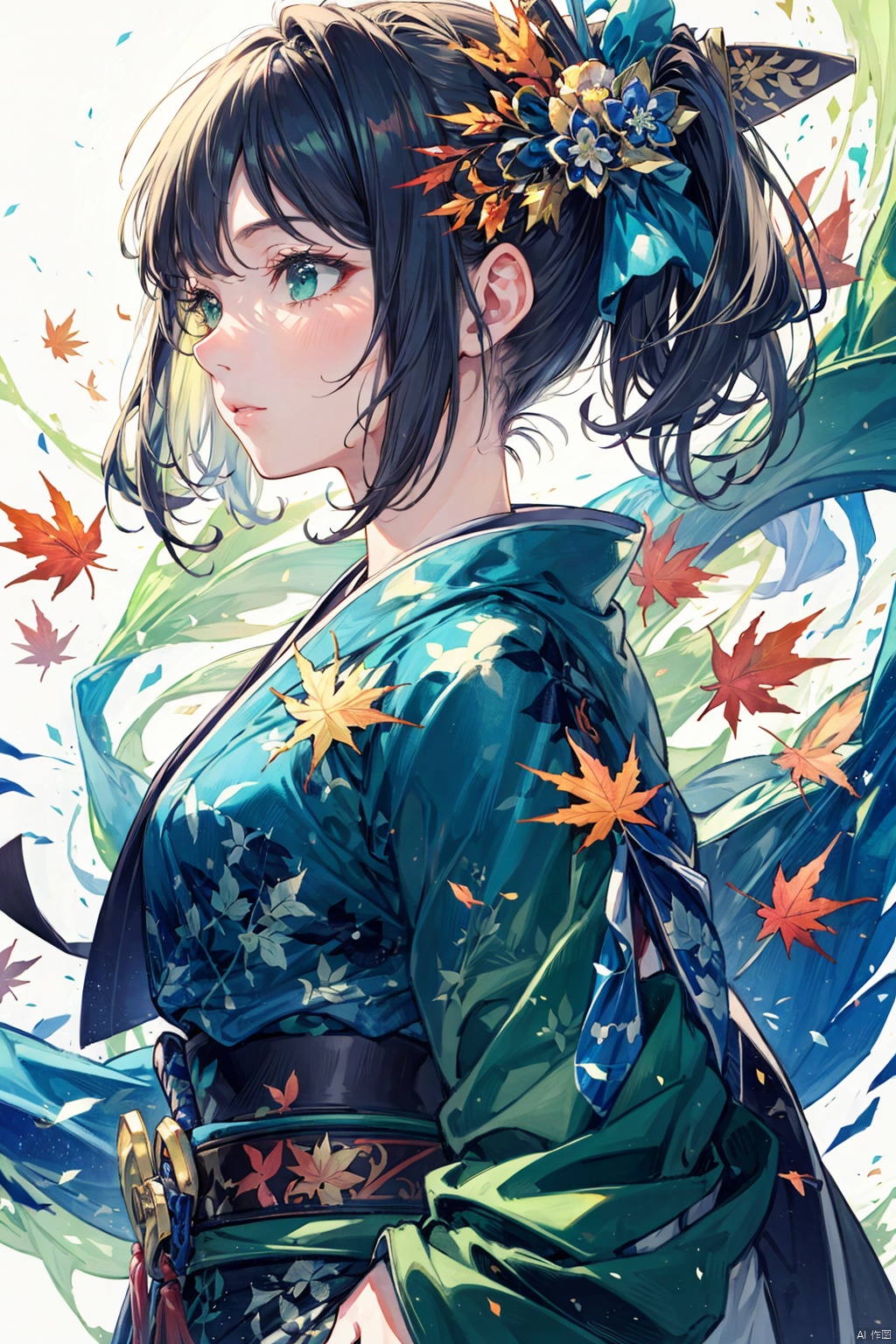 clean background,1 girl,28 years old,katana,wimd,maple leaf,blue and green ink,close shot,from front