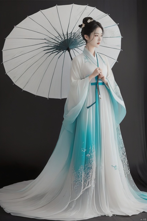
/I Foreground a tree, an ancient Chinese beauty holding an umbrella, cyan and white color matching, ink painting minimalist style, large white space, tulle translucent material, soft gradient, perspective aesthetics