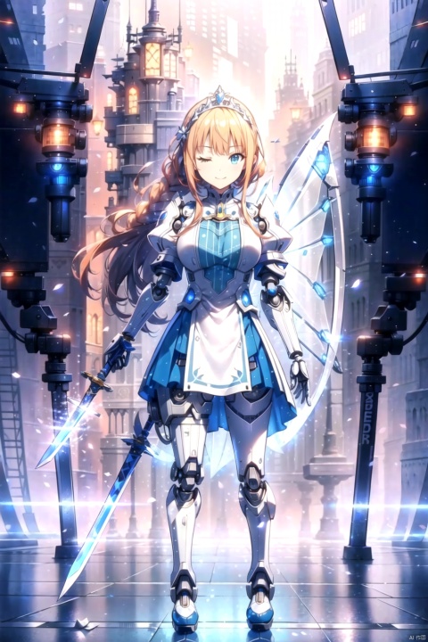  1girl, solo, long hair, breasts, looking at viewer, smile, bangs, blue eyes, skirt, large breasts, gloves, holding, weapon, ahoge, short sleeves, boots, frills, one eye closed, tongue, puffy sleeves, sword, white gloves, tongue out, holding weapon, orange hair, armor, puffy short sleeves, holding sword, white footwear, tiara, shoulder armor, pillar, ;q, pecorine \(princess connect!\)，masterpiece,best quality,movie,official art,promotional art,movie wallpaper,extremely detailed CG unity 4k wallpaper,intricate details,white background,full body,concept art,production art,(Mechanical components:1.5),(mechanical prosthesis:1.5),mechanical wings,wings,highres,(realistic,photo-realistic:1.2),physically-based rendering,machinery,reflection,realistic,cyberpunk,symmetric front view close up head shot eyes symmetry face very sharp focus realistic award winning matte drawing cinematic lighting
1girl,robot,(illustration:1.1),slim,fair skin,delicate face,tights,shine,Bodysuit,(blond long hair),green eyes,laboratory,chip,shine,braid