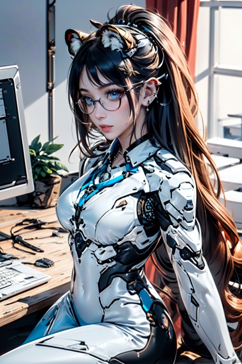 (female): solo, (perfect face), (detailed outfit), (20 years old), beautiful female, (tiger ears:1.2), content, calm, (crossed legs), auburn hair, long hair, ponytail hair, green eyes, (dark skin), large chest_circumference, (light blue business shirt, white coat), (grey business pants), (glasses), (hairpin), (necklace), (wristwatch)

(background): from above, indoor, office, desks, computers, windows, office supplies, afternoon, clear

(effects): (masterpiece), (best quality), (sharp focus), (depth of field), (high res), more_details:-1, more_details:0, more_details:0.5, more_details:1, more_details:1.5, tan, dark skin, more_details:-1, more_details:0, more_details:0.5, more_details:1, more_details:1.5, tan, dark skin