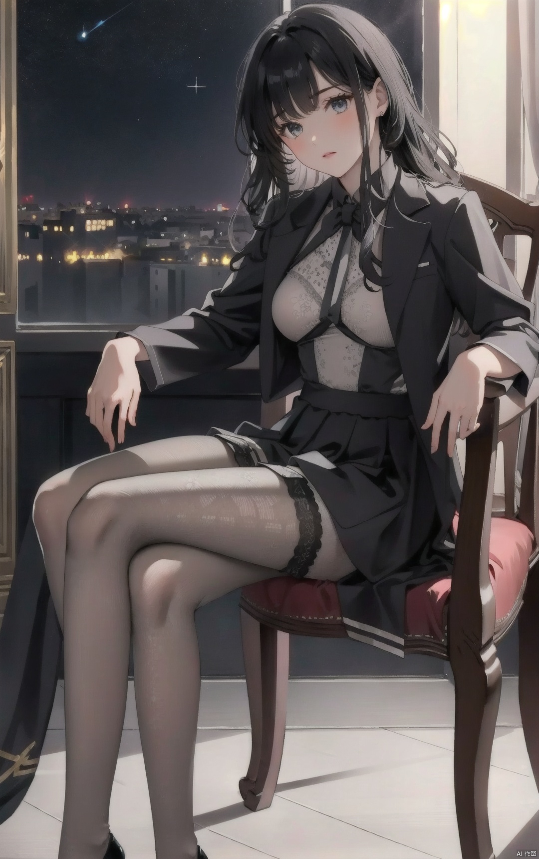 1girl,((masterpiece)), (photorealistic:1.4),solo,queen's chair, night, night sky, office shot, formal dress, bodysuit, black dress,black skirt, black Pantyhose, royal shoes, black hair, sitting on chair, game cg,The room has windows,Only one person,single,beauty face,divine goddess, shiny skin, skindentation, lace