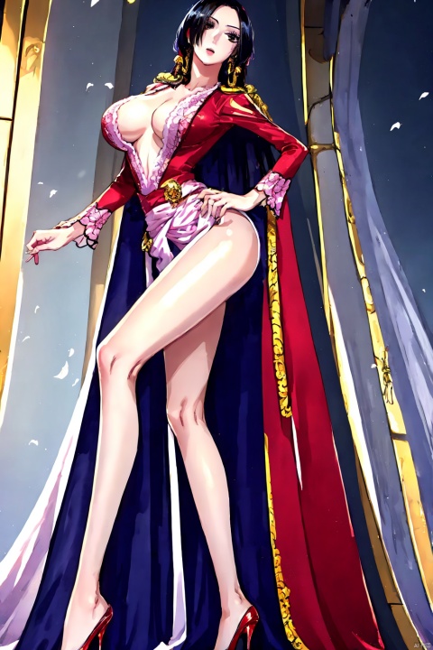  1 girl, looking up, with golden long hair, high legs, high legs, high kicks, exquisite black stockings, bangs covering one eye, medium chest, slender waist, looking down, the best quality, masterpiece, original, very, a very good quality, representative work, very detailed, beautiful face, black eyes, long hair, long legs, high heels,