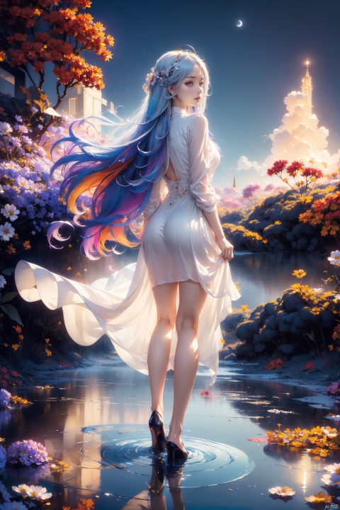  best quality, masterpiece, illustration, (reflection light), incredibly absurdres, (Movie Poster), (signature:1.3), (English text:1.3), 1girl, girl middle of flower, pure skyblue hair, red eyes, clear sky, outside, collarbone, loli, sitting, absurdly long hair, clear boundaries of the cloth, white dress, fantastic scenery, ground of flowers, thousand of flowers, colorful flowers, flowers around her, various flowers,
, xiqing,police,pantyhose,pencil_skirt,dark theme, highres, masterpiece, top quality, best quality, official art, (beautiful and aesthetic:1.2), (colorful:1.3), (1girl), standing, from behind, white hair, long messy hair, colorful inner hair, white collared dress, (moist skin), moon, (explosion of colors:1.4), fractal art, rain, night abandoned city, depth of field, dim lighting, dramatic