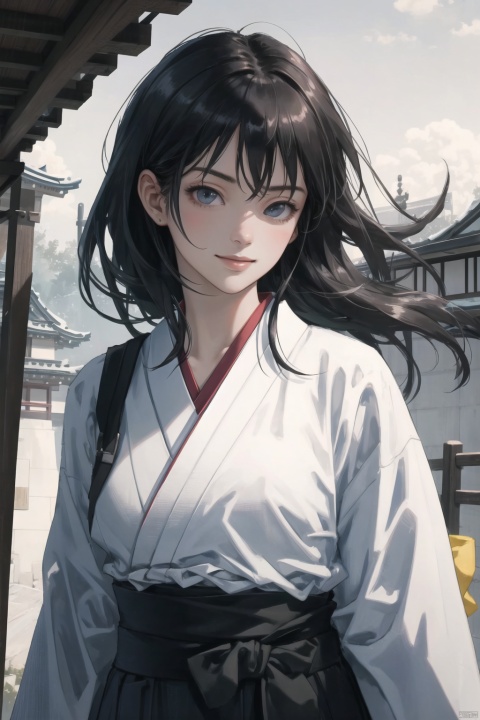 (1girl, black long hair, black eyes, serious smile, wearing white japanese clothes, black hakama), (carry a large japanese sword at her waist), (walking, outdoor, asian old castle), (((perfect anatomy, perfect quality, hyper detailed eyes, masterpiece, hyper ultra detailed, best quality, perfect great quality, 8k wallpaper, cinematic lighting, cinematic angle, dynamic angle))), AddXL, <lora,C_fashion-000015,0.8>(realistic:1.3), <lora,LCMTurboMix2fix,1>
