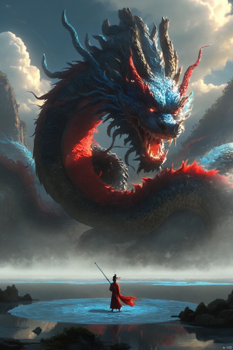  animation of an black red giant Chinese dragon swimming on the lake surface, the dragon huge and very long, a girl on the lake,Dragonheaddecoration, A circle of ripples formed on the water surface, the girl holding a sword, Drone perspective, blue-ice lake water, Chinese Martial Arts World, Chinese mythological scenes, Bright colors, Sunlight, Transparent lake water, megalophobia, by Tsui Hark, Chinese movie Big Fish and Begonia, watercolor, ananmo