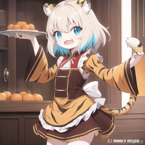  1girl, solo, looking_at_viewer, sad, skirt, thighhighs, long_sleeves, dress, animal_ears, blue_eyes, tail, full_body, long white with silver hair, multicolored_hair, food, fang, wide_sleeves, apron, fox_ear_fluff, bell, fangs, frilled_dress, frilled_sleeves,single_thighhigh, white_apron, frilled_apron, new_year, brown_skirt, brown_dress, claw_pose, tiger_ears, chinese_zodiac, tiger_tail, orange_\(fruit\), tiger, mandarin_orange, 2022, egasumi, tiger_girl, year_of_the_tiger, white_tiger,(masterpiece), (best quality), ((ultra-detailed)), A Pixar 3D showcasing coexisting harmoniously amid lush greenery, (crystal glowin on hand), eyesseye,standing,formal hands,