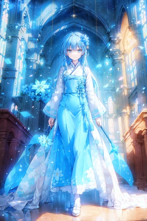 Masterpiece, sharph focus, best quality, ultra-detailed, vibrant acrylic color anime illustration, a merciful saintess with long golden hair and blue eyes, wearing a white robe and holding a jeweled staff, standing in the cathedral of the holy city, bathing in the sunlight from the stained glass, looking at the ceiling with a serene smile, surrounded by white doves and flowers. The scene is peaceful and holy, and the colors are bright and warm. The perspective is from the front, showing her full body and the majestic cathedral behind her. Simling 
BREAK 
delicate facial features, extremely detailed fine touch, lora:more_details:0.5, chinese clothes, hanfu, long sleeves, blue dress, hair flower, blue flower