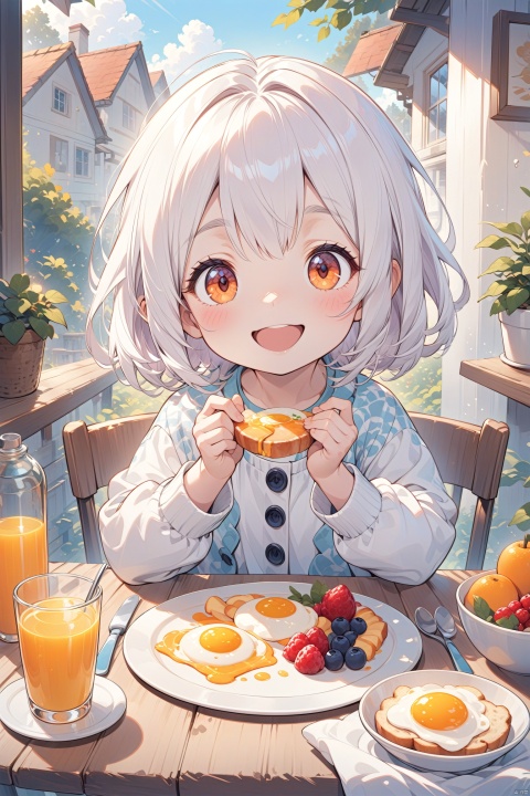 Pixar style Portrait of a happy little girl having breakfast