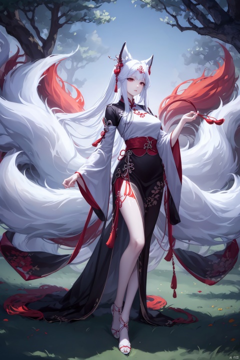  shanhaijing,a Nine-tailed fox,(9 tails:1.3),White fur,In the strange woods, the branches twist strangely,full body,3/4 profile image,wide-angle lens,panoramic view