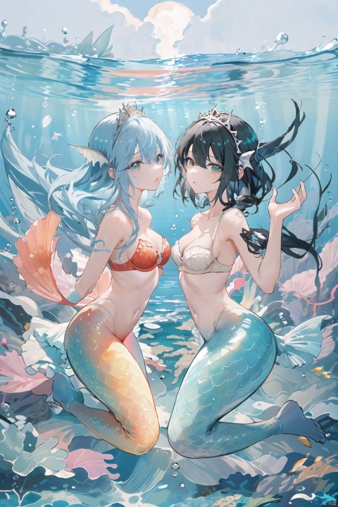 1girl,symmetrical eyes,part lips,(mermaid,mermaid tailfin),slim waist,tiara,underwater,(shell bra,perfect breasts,medium breasts:1.3),swimming over an intricate colorful coral reef surrounded by numerous colored small fishes,turquoise ocean water