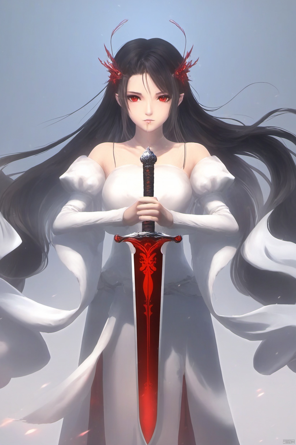  1girl, closed_mouth, dress, full_body, hair_ornament, holding, holding_sword, holding_weapon, long_hair, long_sleeves, looking_at_viewer, red_eyes, simple_background, solo, standing, sword, twintails, very_long_hair, weapon, white_background