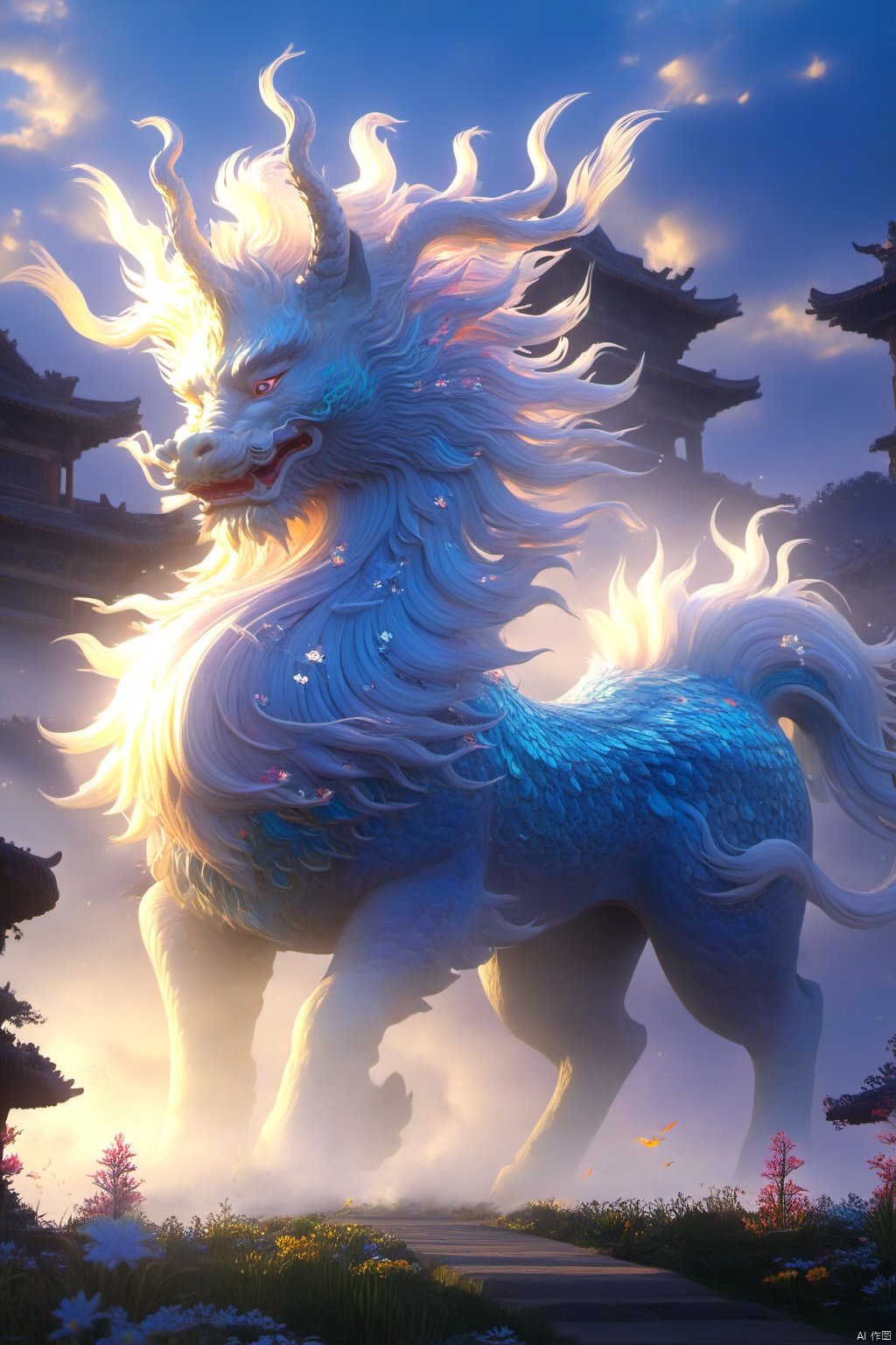  masterpiece,best quality,
The qilin is majestic, its body sleek and graceful, adorned with shimmering scales that glint in the sunlight. Its horn is long and spiraled, its eyes wise and kind. As it moves, the ground beneath its hooves bursts into bloom, flowers and grass springing up in its wake, creating a verdant path wherever it goes.，blue