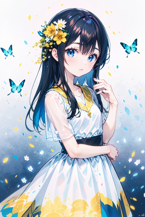  1girl, solo, long hair, flower, bug, butterfly, hair ornament, dress, hair flower, blue eyes, blue hair, petals, looking at viewer, blue butterfly, white dress, white background, short sleeves, blue flower, bangs, simple background，red and blue and yellow and purple, white and black and silver and gold and pink and green and brown and orange