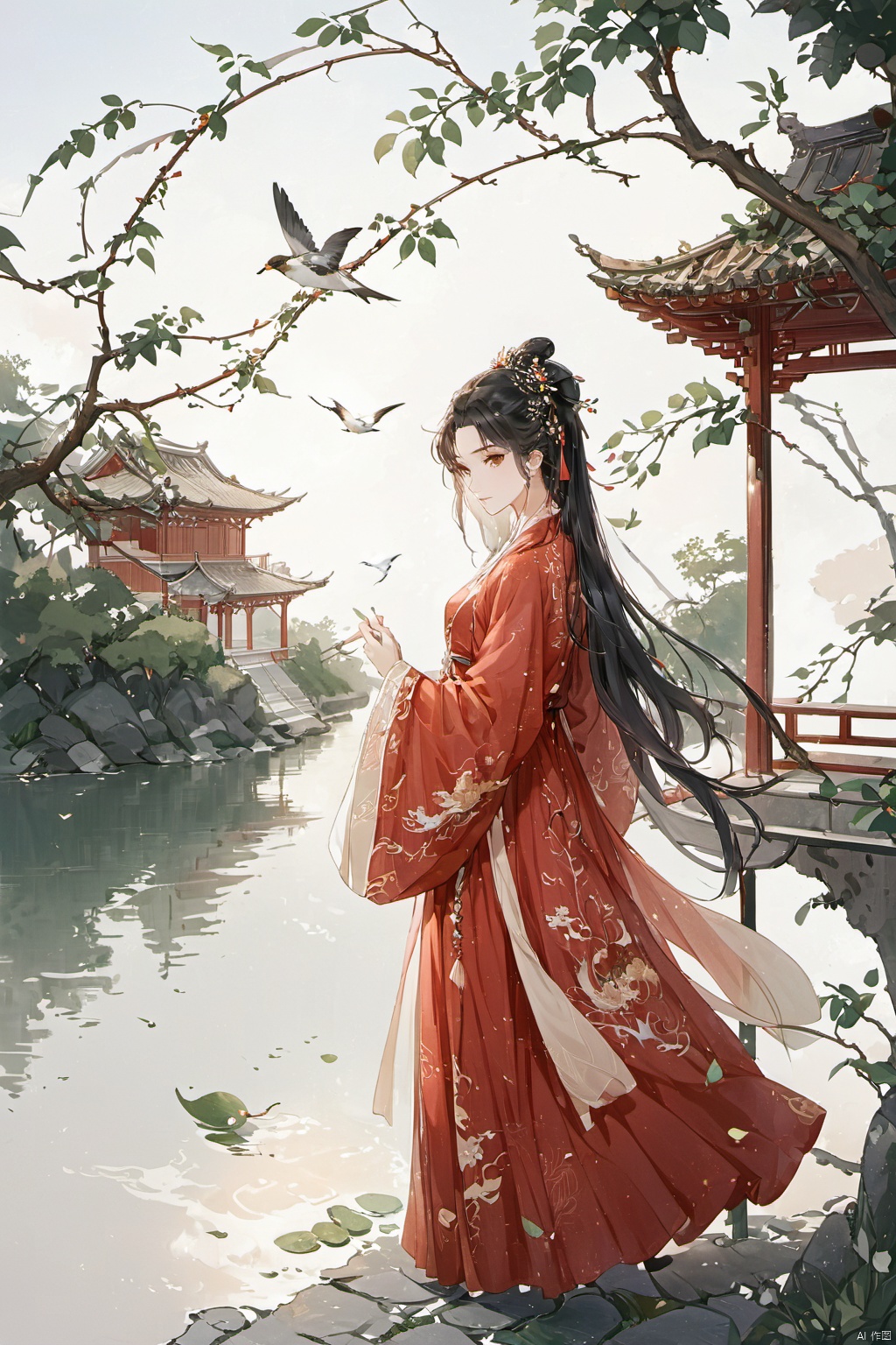  1girl, solo, long hair, black hair, hair ornament, long sleeves, dress, holding, closed mouth, standing, full body, outdoors, water, hair bun, from side, tree, bird, leaf, chinese clothes, red dress, single hair bun, building, railing, branch, architecture, east asian architecture, hanfu