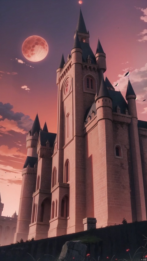 giant castle in the background,dynamic angle,dark fantasy,blood moon,red sky