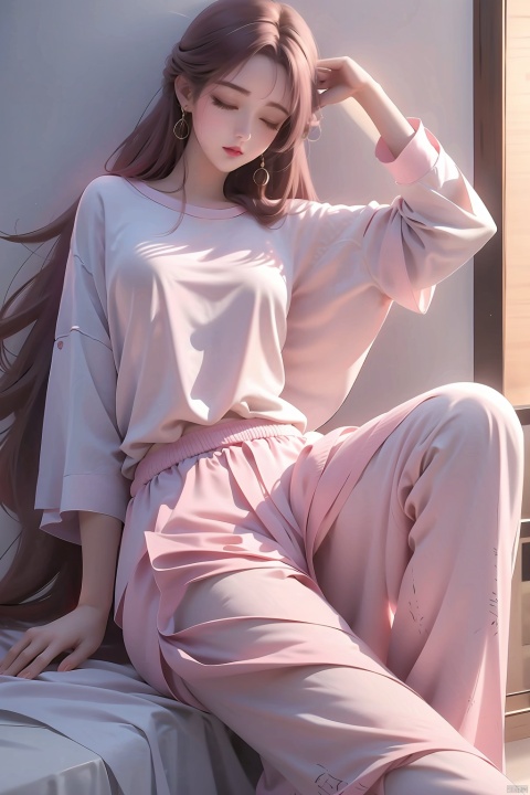 Sleeping girl,22 years old,realistic,she is wearing long pants,she is wearing pink pajama,brown hair
