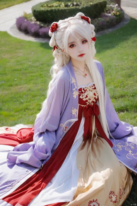 purple red and gold trim, fantasy, lolita dress, petticoat, twin tails, white hair, gold hair ribbon, red eyes, thick hair, super long hair, full body, floor length hair