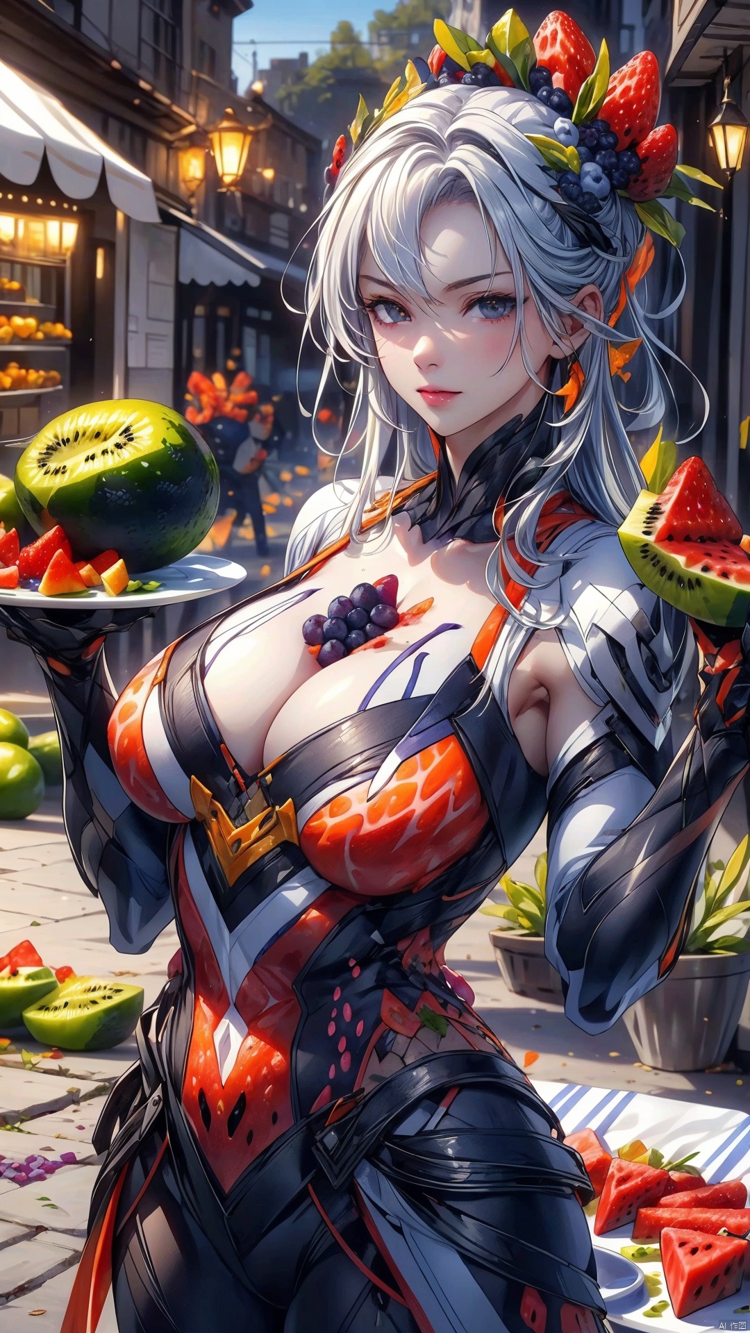 A fruit plate with dragon fruit slices, blueberries, orange segments, watermelon, kiwi and strawberries, super realistic food pictures,, Randy Post, hyper realistic &quot;, hyper realistic&quot;, high res photo
