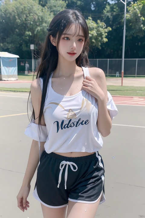  （（（（brassiere showing through wet sports white t shirt that is wet from sweat, school sports shorts, jogging around schoolyard, a face distorted by tired, sweat, black medium hair, messy hair, cute））））（masterpiece, high quality, best quality, 8k, more details)