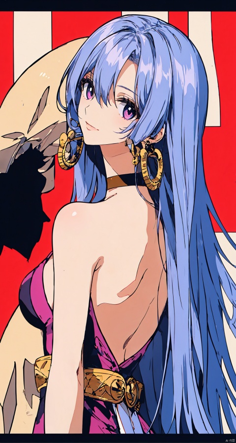 Colorful background, 1girl, long hair, solo, jewelry, looking at viewer, earrings, upper body, red choker, bangs, choker, bare shoulders, closed mouth, hair intakes, dress, wavy hair, sleeveless, necklace, letterboxed, looking back, head tilt, msaibo, evil, mjiaocha,1girl, official, purple eyes,