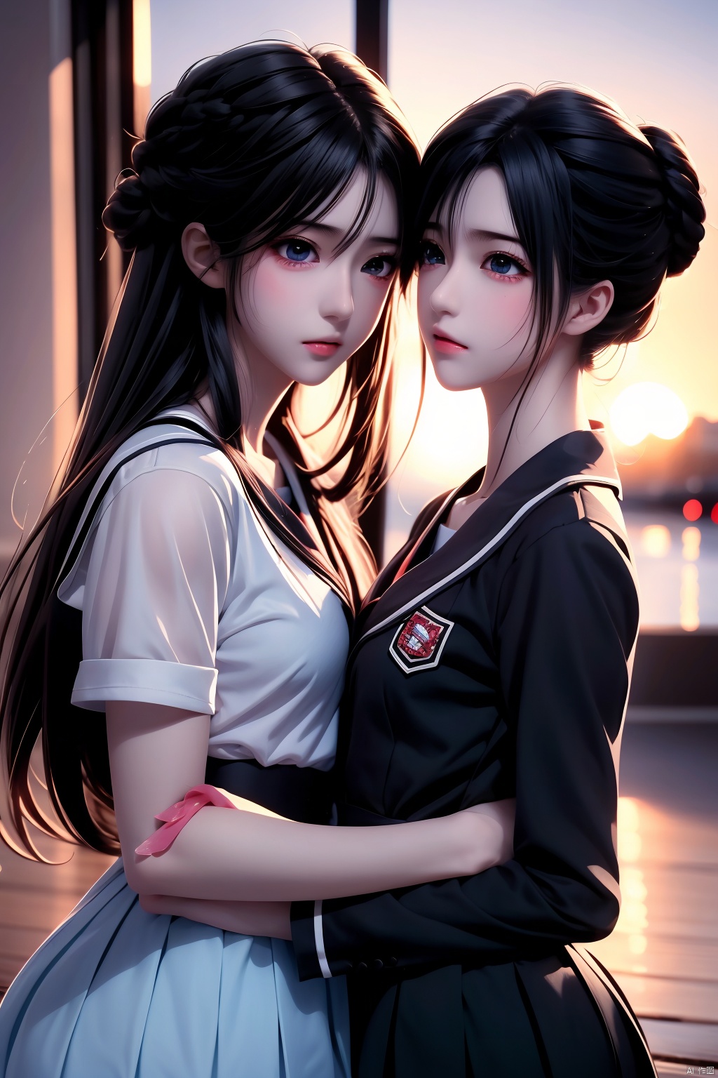 best quality masterpiece,8k,(detailed shoujo manga style:1.4),2girls,beautiful,absurdres,school uniform,yuri,serafuku,eye contact,school window sunset lighting