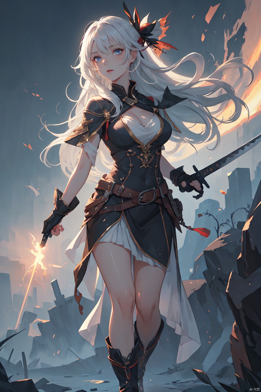 1girl, swordsman, white hair, red streak, long hair high resolution, max resolution, battle, holding sword, looking at viewer, high definition, brushwork, canvas texture, full body, masterpiece, detailed background, intricate, detailed eyes, bright eyes, Volumetric Lighting, Sharp Focus, vivid background, scenic background, 8k, Perfect Hands, ink wash painting, volumetric lightning, detailed skin texture, detailed, volumetric shadow