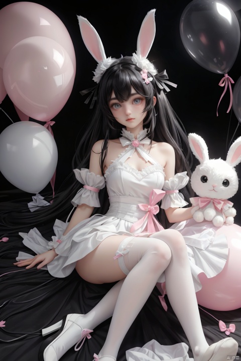 a cartoon girl with long hair and an elaborate hat and dress next to some pink and black balloons, 1girl, solo, halo, animal ears, black hair, wings, rabbit ears, pink eyes.pink bunny balloon.A long white ribbon on the balloon.rabbit shaped balloon.Mascot of many small white rabbits on the waist.white bunny ears on the head.light colored eyes.light colored mesh.white and black ribbon.long socks that reach above the knee.One of the socks is white and the other is black.There's a little bandage on my leg.balloons only pink.