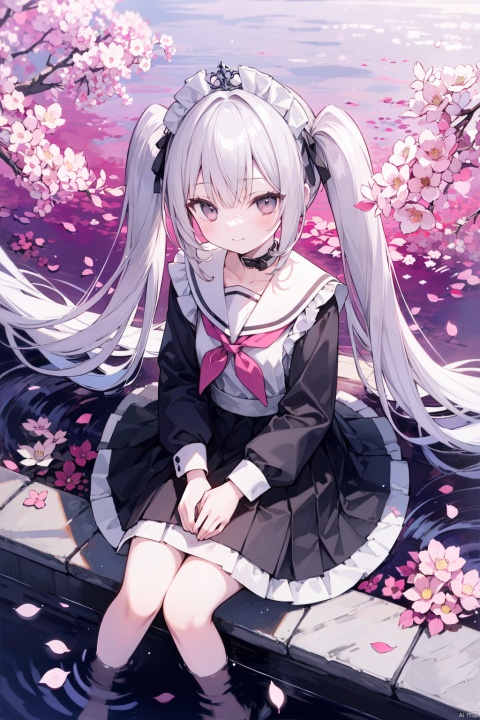  1girl, solo, long_hair, pink_hair, cherry_blossoms, skirt, very_long_hair, ripples, school_uniform, twintails, black_skirt, reflection, serafuku, from_above, neckerchief, shirt, pleated_skirt, pink_eyes, sailor_collar, long_sleeves, black_shirt, flower, black_serafuku, sitting, water, looking_up, bangs, looking_at_viewer, petals, closed_mouth, black_sailor_collar，1girl,Solo,Maid,Maid Tiara,Maid Apron,Smile,Silver Hair,Silver Black Eyes,Full Body,Hands Down,Frills,Many Frills side