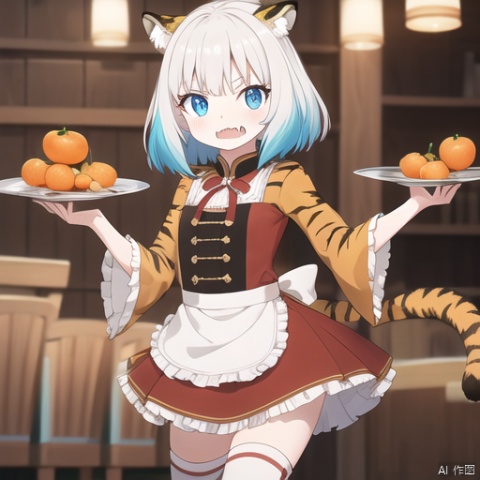  1girl, solo, looking_at_viewer, sad, skirt, thighhighs, long_sleeves, dress, animal_ears, blue_eyes, tail, full_body, long white with silver hair, multicolored_hair, food, fang, wide_sleeves, apron, fox_ear_fluff, bell, fangs, frilled_dress, frilled_sleeves,single_thighhigh, white_apron, frilled_apron, new_year, brown_skirt, brown_dress, claw_pose, tiger_ears, chinese_zodiac, tiger_tail, orange_\(fruit\), tiger, mandarin_orange, 2022, egasumi, tiger_girl, year_of_the_tiger, white_tiger,(masterpiece), (best quality), ((ultra-detailed)), A Pixar 3D showcasing coexisting harmoniously amid lush greenery, (crystal glowin on hand), eyesseye,standing,formal hands,