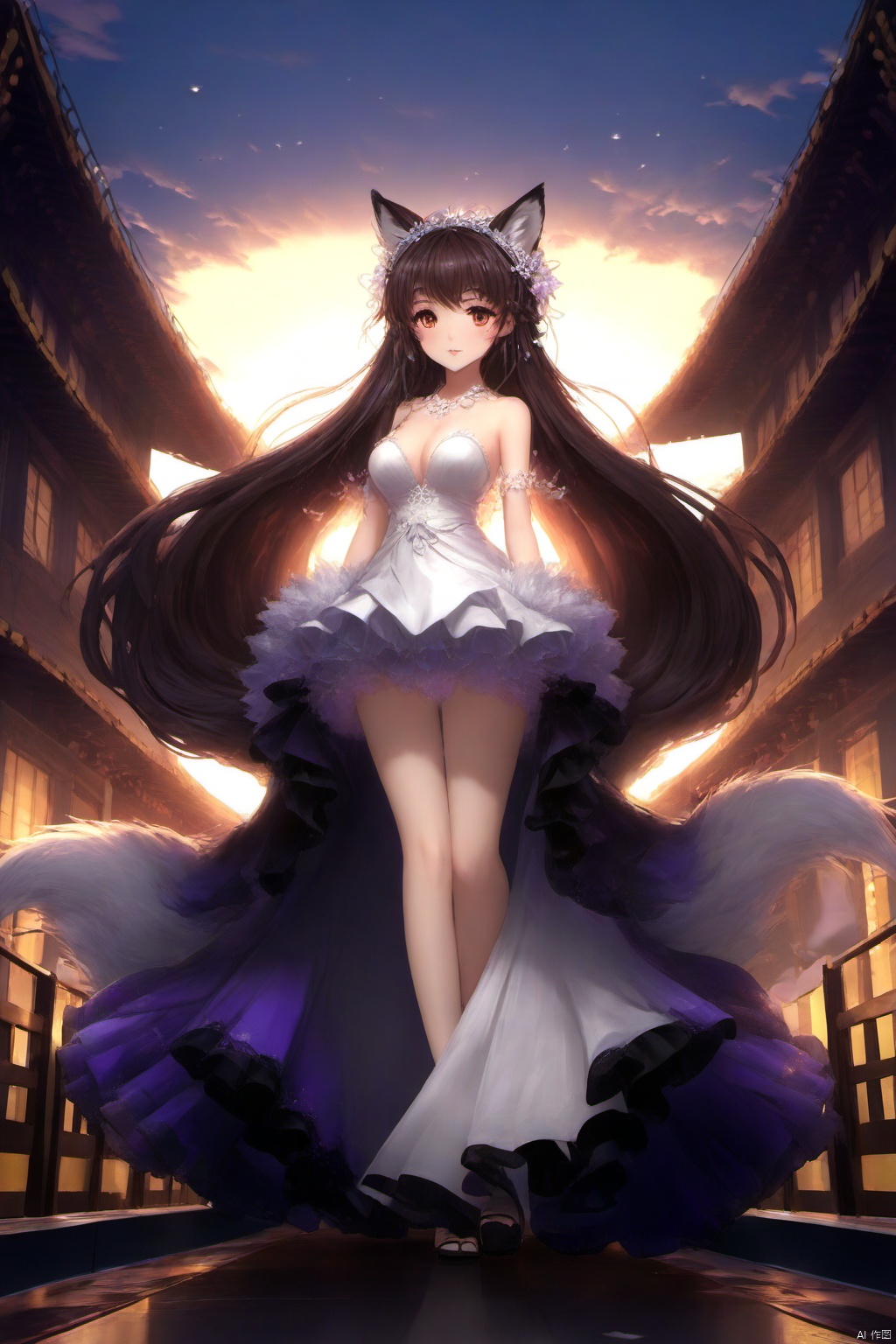   best_quality, extremely detailed details, loli,under_age,1_girl,solo,((full_body)),cute_face,pretty face,extremely delicate and beautiful girls,(beautiful detailed eyes), purple_eyes,((brown_and_black_hair)),brown_hair,long_hair,lip,fox_girl,fox_tail,nine_tails,big_tails,bare_feet,
amagi-chan_(azur_lane), (jpenese_wedding,Japanese wedding attire,see_through_clothes)),
