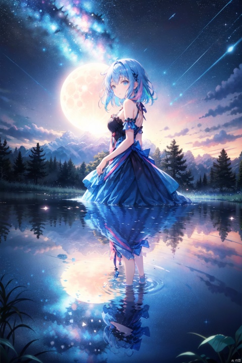 emikukis, multicolored hair, blue hair, pink hair, best quality, master piece, Night, Sky, Stars, Star, Starry Sky, Beauty, Galaxy, Galaxies, Water, Reflection, Reflective, Glass, Girl, POV, Moon, Stars, Nighttime, Scenery, Night, Sky, Stars, Star, Starry Sky, Beauty, Galaxy, Galaxies, Water, Reflection, Reflective, Glass, Girl, POV, Moon, Stars, Nighttime, Scenery, emikukis, multicolored hair, blue hair, pink hair, best quality, master piece