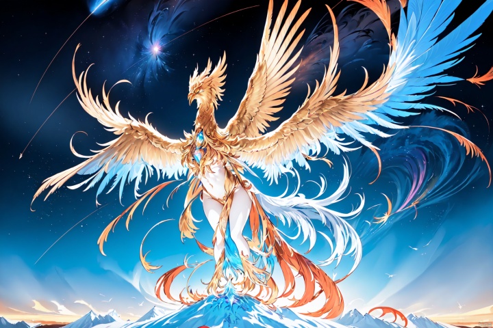  A majestic phoenix soaring through the cosmic sky, its iridescent feathers shimmering with vibrant colors of orange and gold. The bird is surrounded by swirling galaxies and celestial bodies, creating an otherworldly atmosphere. A small figure in blue stands at attention on a mountain peak below, looking up towards their legendary hero flying above them. This fantasy-inspired artwork captures both grandeur and emotion as it celebrates love's power toization, and a radiant woman made out of light stands next to it, embracing her lover in the style of the artist