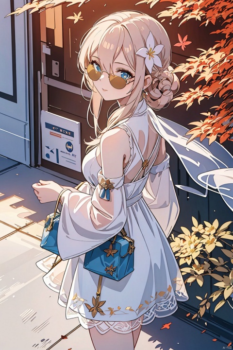 1girl, frameless sunglasses, iridescent light, sunny day, reflection on frameless glasses, (lens flare:1.3), yellow theme, looking at viewer, white lace silver summer dress, glitters on dress, from above side, street with flower grass trees, (detailed:1.3) image, (intricate:1.2)(autumn :1.3), (masterpiece:1.2), (best quality:1.2), newest, intricate details, ai-generated