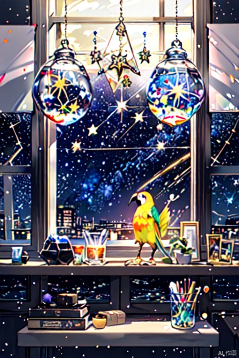  illustration of parrot, allure of starry night sky with myriad of twinkling stars, constellations, Milky Way, window art, glass painting, transparent designs, colorful patterns, light-filled displays, creative installations, temporary creations