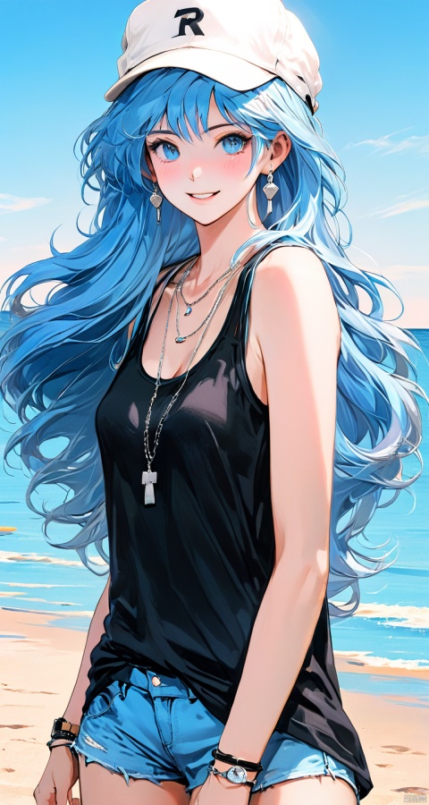 (light-blue hair:1.2),(Zaffre eyes color:1.1),long hair,straight hair,(black tank top:1.2),realistic lighting,beautiful lighting,raytracing,photorealistic,(hyperrealistic:1.2),cheerful,smile,(white hat:1.2),silver necklace,high heels,(on the beach:1.2)