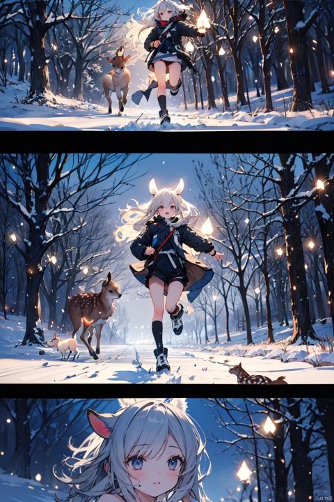 Extreme detail and creativity, the girl running with the fawn in the snowy night in the forest, the icy anlers of the fawn add to the mystery, and the moment when the two look at each other is heartwarming