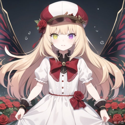  wings,masterpiece, best quality, 1girl, solo, long hair, looking at viewer, bangs, blonde hair, red eyes, hat, dress, bow, holding, very long hair, flower, short sleeves, multicolored hair, parted lips, water, white dress, wrist cuffs, black bow, rose, heterochromia, white headwear, bug, red flower, butterfly, red rose