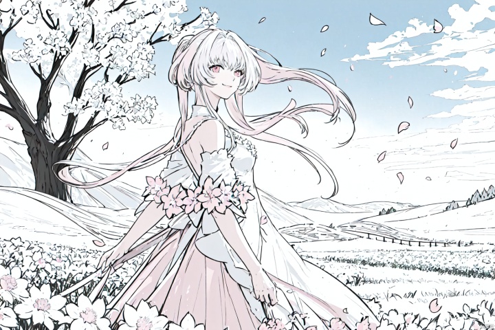  masterpiece,best quality,lady_avalon_(fate), 1girl, solo, looking_at_viewer, smile,petals,flowers meadows,landscape,white and pink flowers, line anime