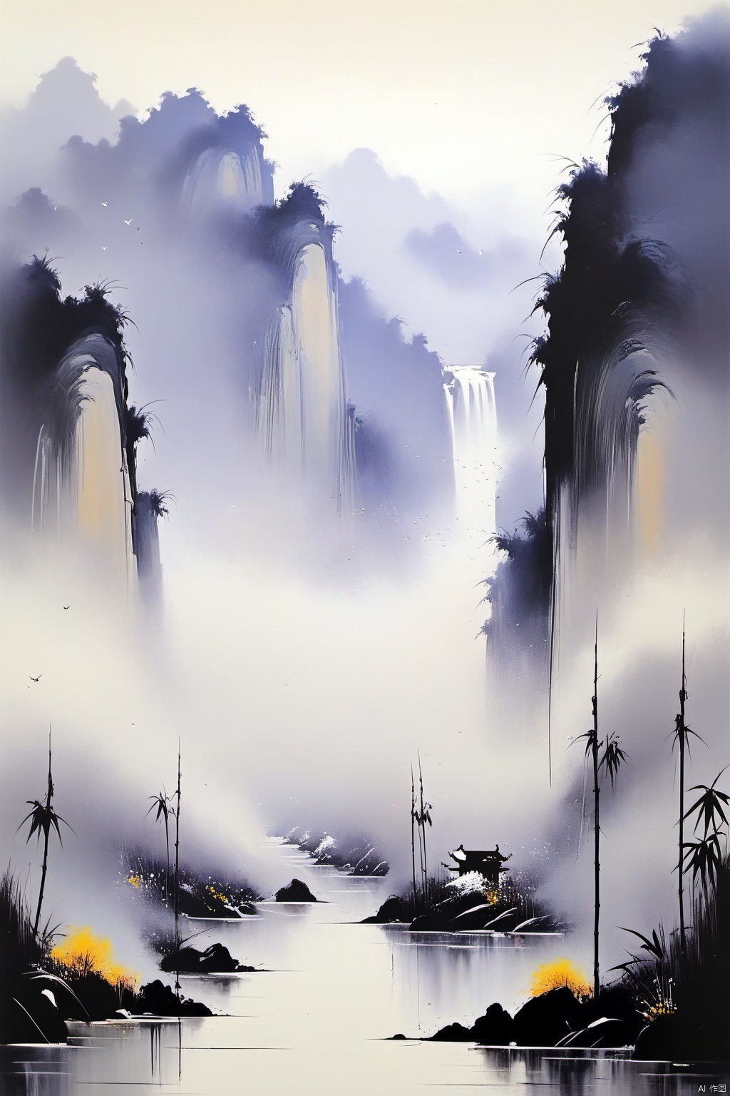  Wu Guanzhong paints a picture, the painting depicts a crane, dancing in the bamboo thickets, full compliance with the style of Wu Guanzhong, combining traditional Chinese ink painting techniques with Western painting concepts, unique visual effects using color and lines, (best quality, perfect masterpiece, byyue, Representative work, official art, Professional, high details, Ultra intricate detailed:1.3)