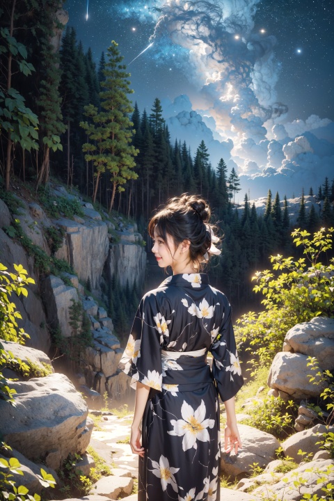 masterpiece,best quality,back view,girl,short hair,black hair,yukata,flower print,shooting star,(night:1.3),solo,alone,forest clearing,cliff,abyss,standing on the edge