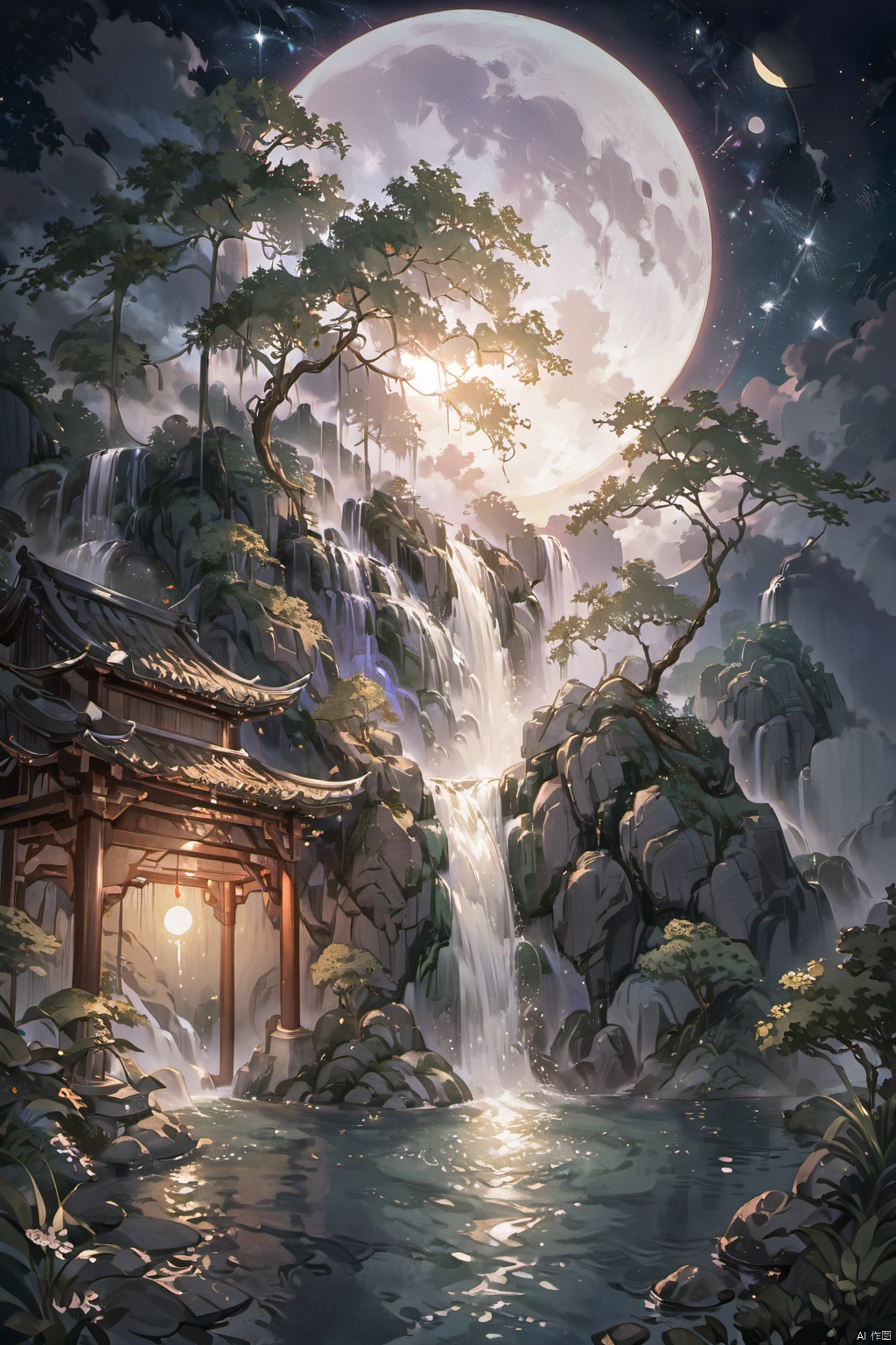  ((HRD, HUD, 8K)),((masterpiece, best quality)), highly detailed, soft YuanShen, UE, scenery, cloud, sky, outdoors, waterfall, fantasy, night, signature, tree, moon, water, star (sky)