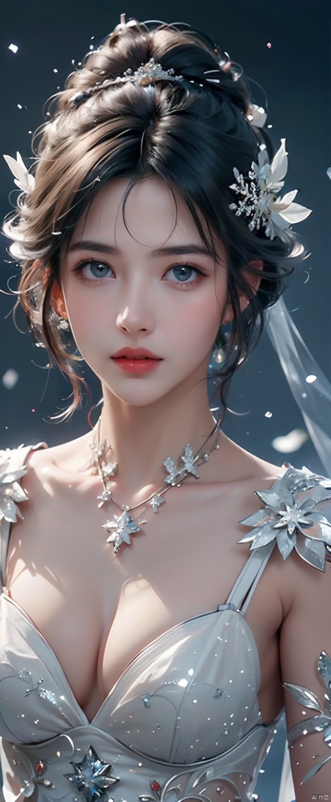  ((best quality)), ((masterpiece)), ((ultra-detailed)), extremely detailed CG, (illustration), ((detailed light)), (an extremely delicate and beautiful), a girl, solo, ((upper body,)), ((cute face)), expressionless, (beautiful detailed eyes), full breasts, large breasts, blue dragon eyes, (Vertical pupil:1.2), white hair, shiny hair, colored inner hair, [Armor_dress], blue_hair ornament, ice adorns hair,depth of field, [ice crystal], (snowflake),sex
